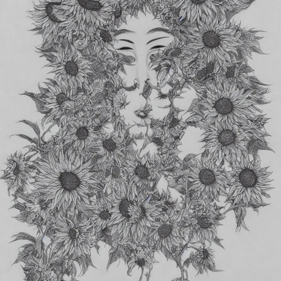 Image similar to chinese female sunflower deity gray face long vine helianthus flowers detailed drawing