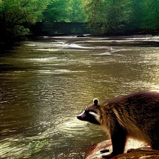 Image similar to cahaba river alabama, raccoon in foreground, kodak ektachrome e 1 0 0,