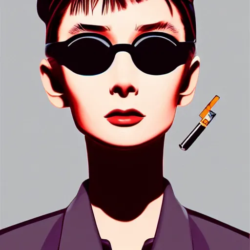 Prompt: beautiful anime version of audrey hepburn with hat and dark sunglasses covering her eyes. smoking from a long cigarette holder. drawn by ilya kuvshinov