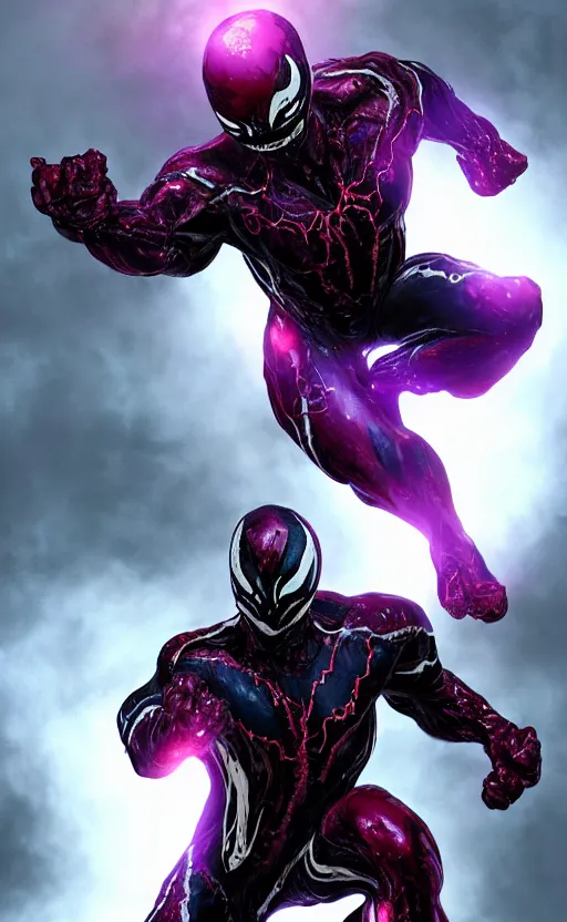 Image similar to venom in a venom inspired ironman suit, purple, black and red, dynamic lighting, photorealistic fantasy concept art, trending on art station, stunning visuals, terrifying, creative, cinematic