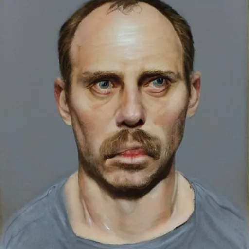 Prompt: A mugshot portrait of a middle aged man who looks like Jerma985 with very short wavy hair, and wearing late 1990s menswear in the late 2000s, taken in the late 2000s, grainy, realistic, hyperrealistic, very realistic, highly detailed, very detailed, extremely detailed, detailed, trending on artstation, front facing, front view, headshot and bodyshot, detailed face, very detailed face