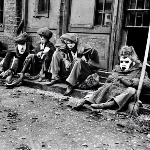 Image similar to the great depression with clowns, black and white photo