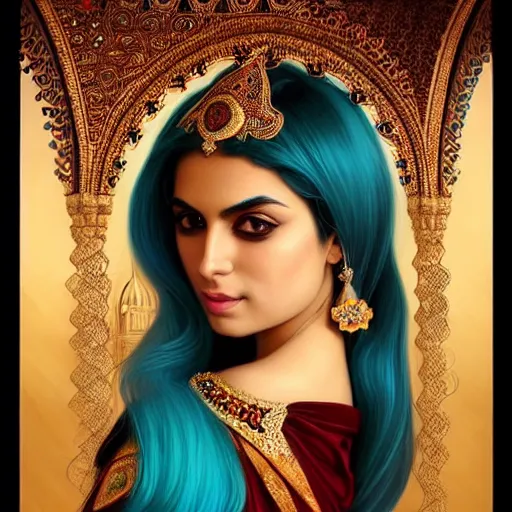 Prompt: Beautiful portrait of a Persian Princess who is an architect, beautiful princess, face painting, beautiful body, attractive, babe, dramatic lighting, intricate, wild, highly detailed, digital painting, artstation, concept art, smooth, sharp focus, illustration, black+velvet+red+Turquoise, dark, art by artgerm and greg rutkowski and alphonse mucha, footage from space camera