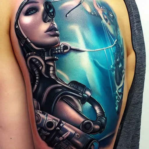 Image similar to cyberpunk underwater diver, black tattoo design, on white skin, by artgerm