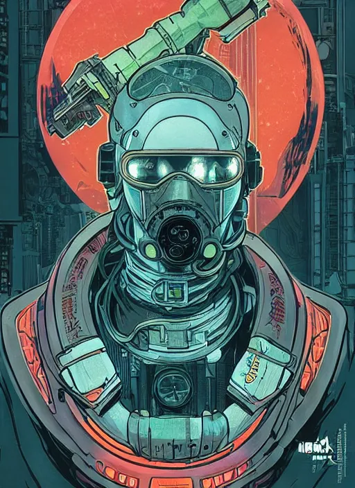 Image similar to cyberpunk hazmat bio - cleaner. portrait by ashley wood and alphonse mucha and laurie greasley and josan gonzalez and james gurney. splinter cell, apex legends, rb 6 s, hl 2, d & d, cyberpunk 2 0 7 7. realistic face. character clothing. vivid color. dystopian setting.