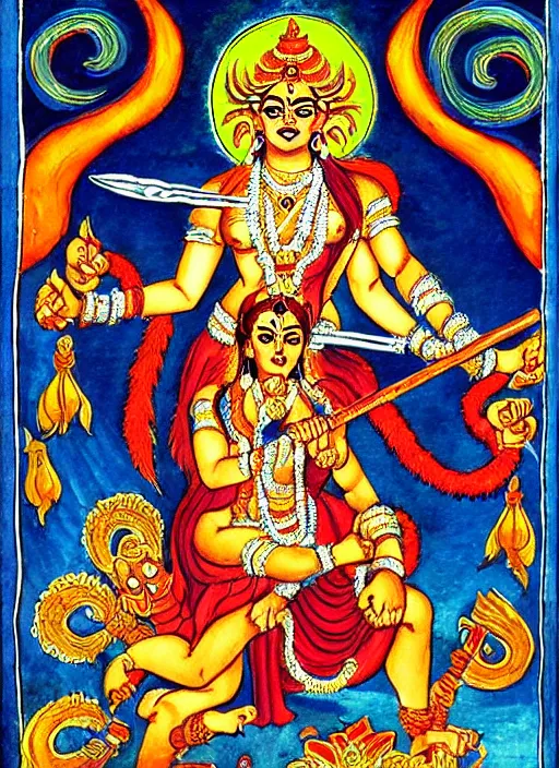 Prompt: kali - durga in the style of ivan bilibin with a hammer and sickle and in the forehead the star burns