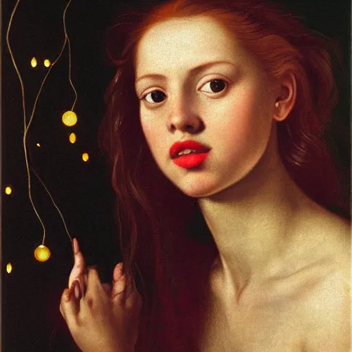 Image similar to portrait of a young woman, among the lights of golden fireflies and nature, long loose red hair, intricate details, deep green eyes, hint of freckles, round gentle face, cheeky smile with red lips, deep focus, smooth, sharp, golden ratio, hyper realistic art by artemisia lomi gentileschi and caravaggio