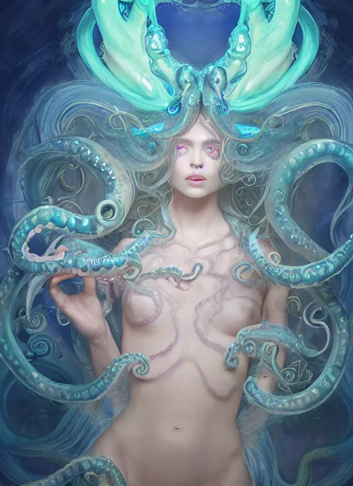 Prompt: A full shot of a cute magical monster girl sea creature Made of opals and tentacles. Fully Clothed. F1.4. Symmetrical. Dark Smoke and VFX. Caustics refraction. Prism light. Demon Horns, Angel Wings, By Giger and Ruan Jia and Artgerm and Range Murata and WLOP and William-Adolphe Bouguereau. Pipes. Lisa Frank Inspired. Key Art. Fantasy Illustration. award winning, Artstation, intricate details, realistic, Hyperdetailed, 8k resolution.