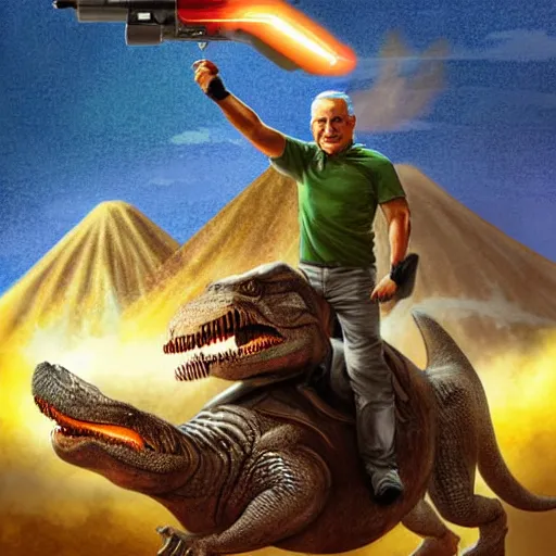 Image similar to benjamin netanyahu riding a t - rex with a shotgun, epic volcano background by victor adame minguez by yuumei by tom lovell by sandro botticelli