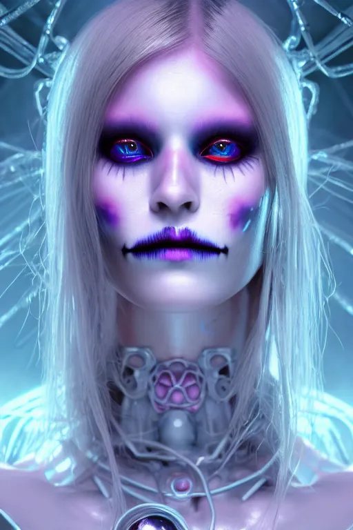 Image similar to ultra detailed, ethereal closeup photo of female android, flowerpunk, sharp focus, no blur, studio photo, floodlight, fantasy art, octane render, unreal engine, dia de los muertos, photorealistic concept art, triadic color scheme, art by artgerm and wlop and giger and greg rutkowski and alphonse mucha, 8 k