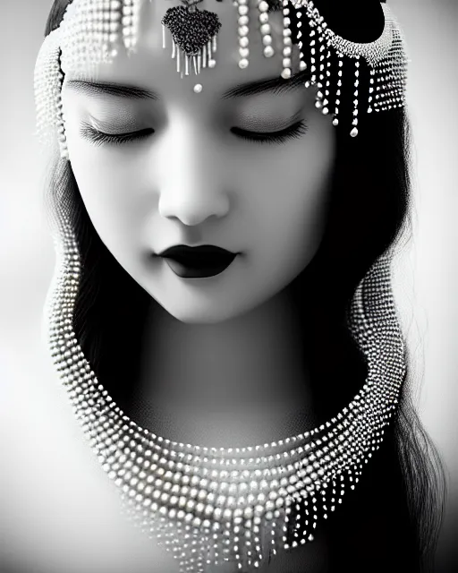 Image similar to black and white dreamy young beautiful veiled female artificial intelligence, realistic pearl ornament in the face, long hair are intricate with highly detailed realistic pearls, cinematic, rim light, bokeh, photo - realistic, elegant, high detail, 8 k, masterpiece, photo taken in 1 9 3 0