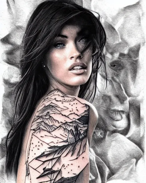 Prompt: double exposure effect tattoo sketch of megan fox faded with a beautiful mountain scenery, realism tattoo, in the style of matteo pasqualin, amazing detail, sharp