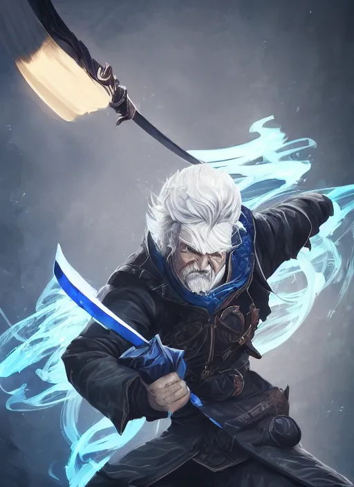 Image similar to a highly detailed illustration of furious short slick back white haired man wearing dark blue coat, bright blue eyes, heroic dramatic wielding katana pose, intricate, elegant, highly detailed, centered, digital painting, artstation, concept art, smooth, sharp focus, league of legends concept art, wlop