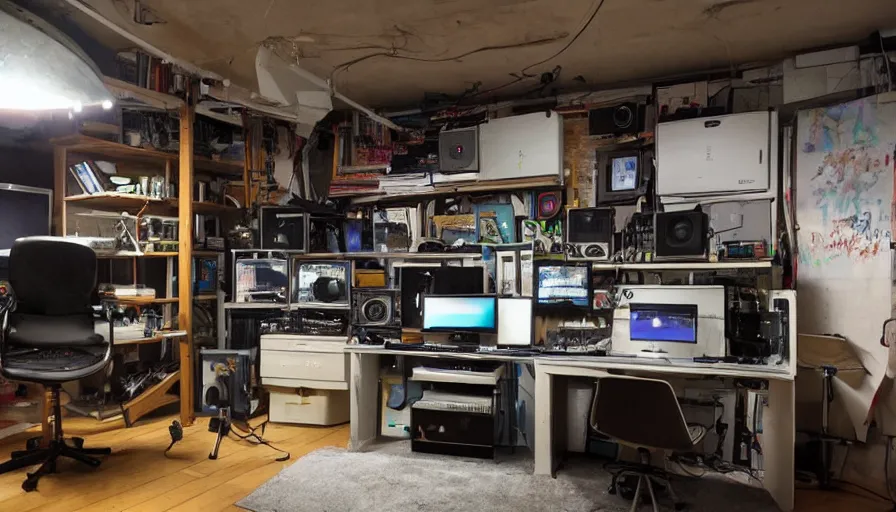 Prompt: a color photograph of an electronic recording artist\'s basement studio with many things, tidy, well kept up and organized, trending on artstation, hyperrealism