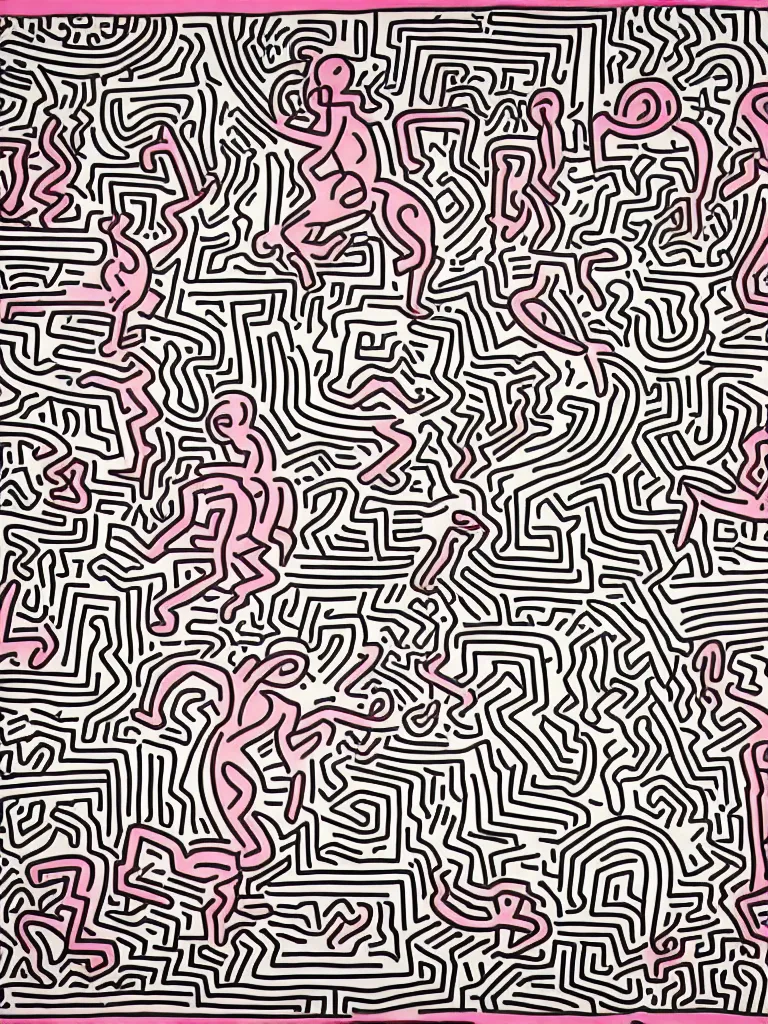 Prompt: bold abstract simplified figurative line illustration patterns by keith haring in an aesthetically pleasing natural and pastel color tones