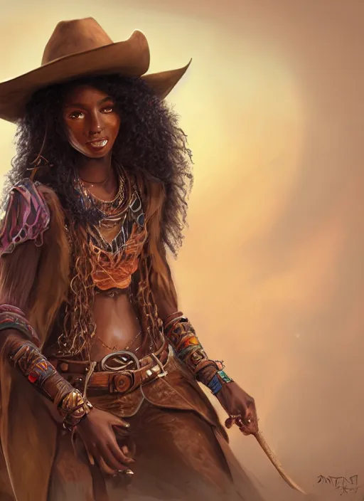 Prompt: a highly detailed illustration of long curly haired african girl wearing cowboy hat and brown poncho, dramatic playing banjo pose, intricate, elegant, highly detailed, centered, digital painting, artstation, concept art, smooth, sharp focus, league of legends concept art, WLOP