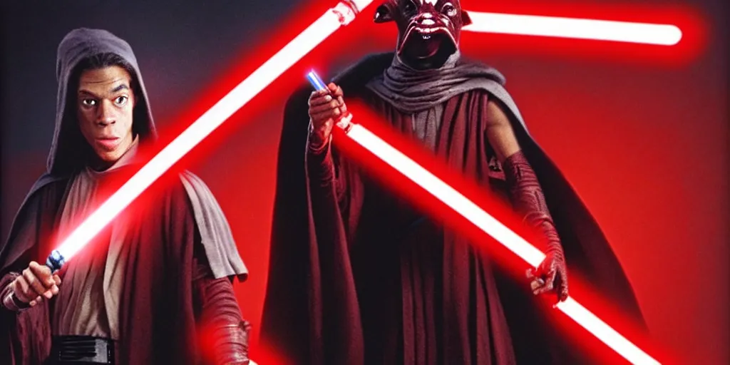 Image similar to jar jar binks as a sith lord, holding a red lightsaber