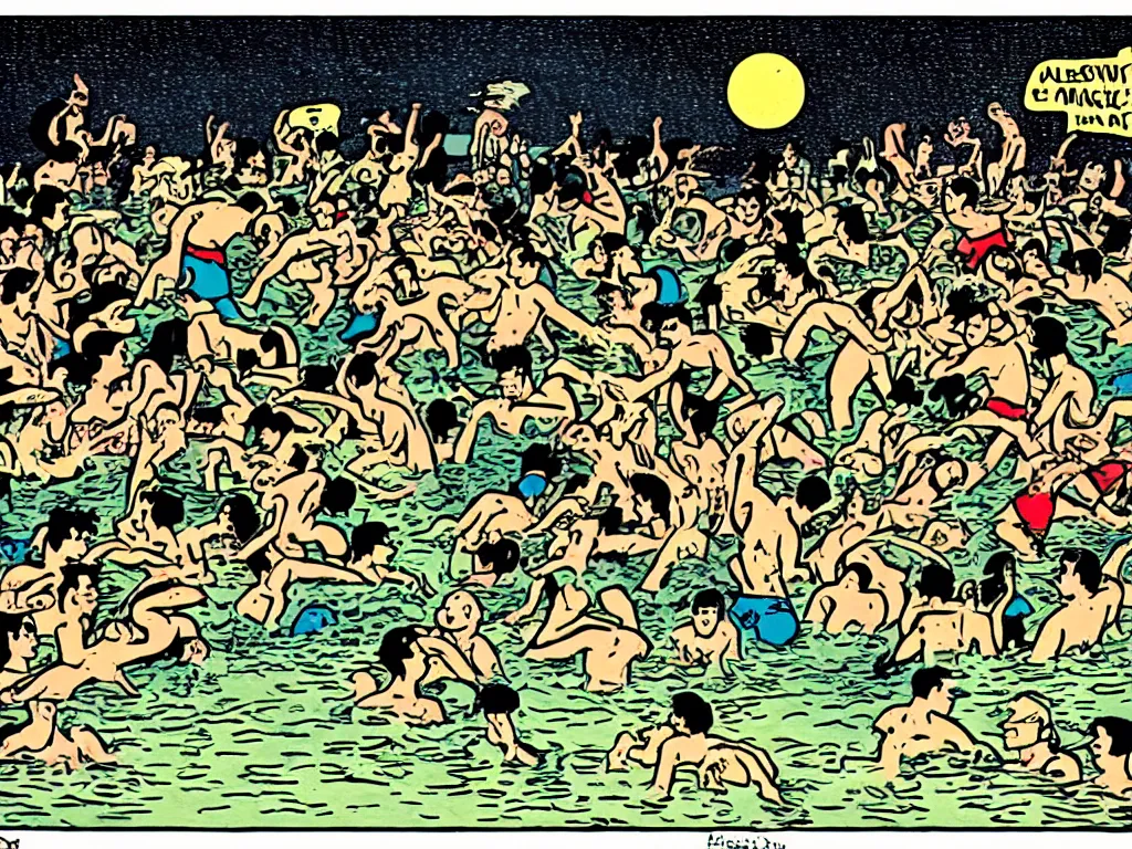 Prompt: a fine illustration of an ultra romantic brawl in a crowded floodlit swimming pool at dusk in the style of herge