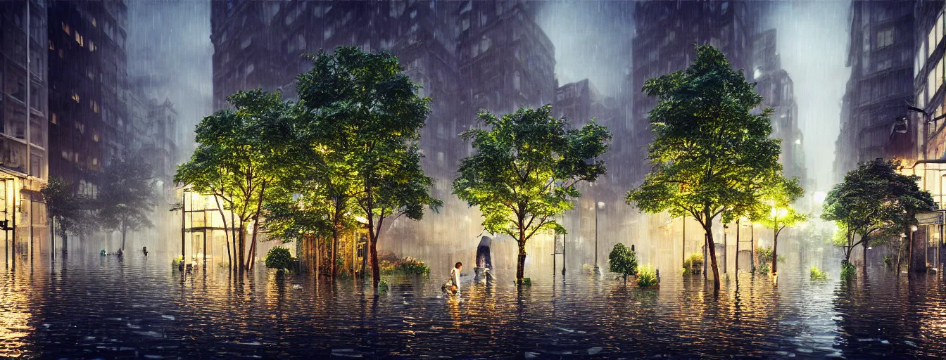 Image similar to raining night at flooded miniature new york city, emotion is on the rise on the town, cute style garden, octane render, trees, evergreen, patio, garden, wet atmosphere, tender, soft light misty yoshitaka amano, and artgerm, pixel art