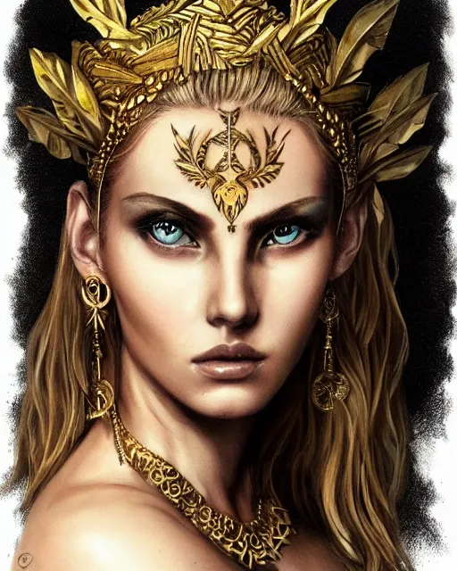 Prompt: tattoo sketch of beautiful super model aphrodite greek goddess wearing a gold laurel wreath and triangle earrings, beautiful piercing gaze with sharp pupils, beautiful blonde hair, in the style of greg rutkowski, fantasy, amazing detail, epic, elegant, smooth, sharp focus, front view