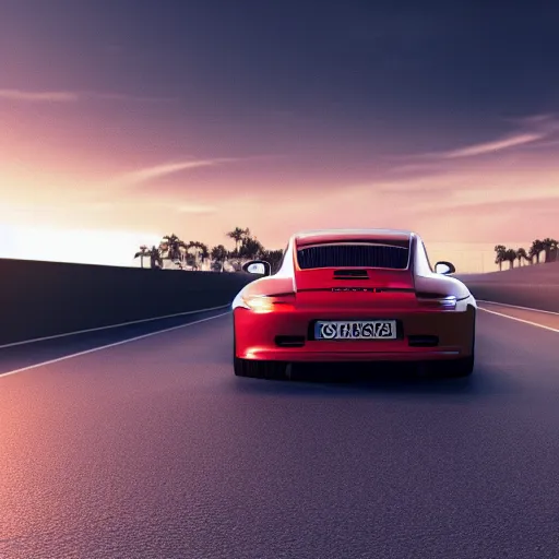 Image similar to porsche 9 1 1 driving sunset hq 4 k, realistic, octane render