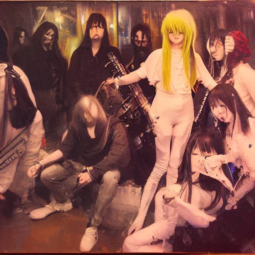 Image similar to anders zorn painting of an anime metal band photo, direct flash photography at night, film grain