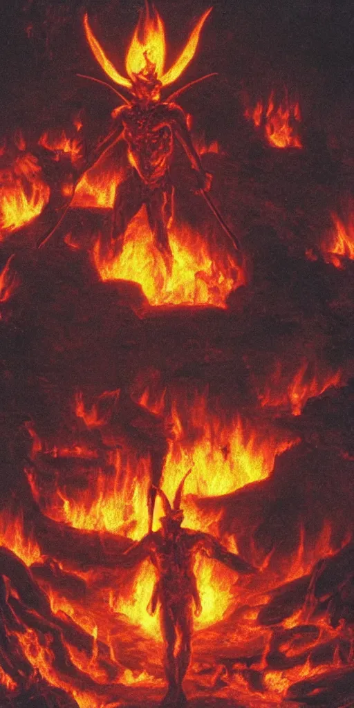 Prompt: a demon standing in the middle of hell fire.
