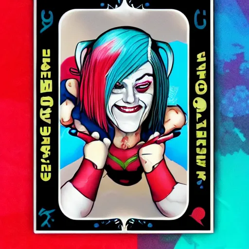 Prompt: very high resolution photo of a magic the gathering card called harley quinn's birthday.