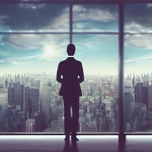 Image similar to a still of a cat in a suit looking out at a city skyline, cinematic,