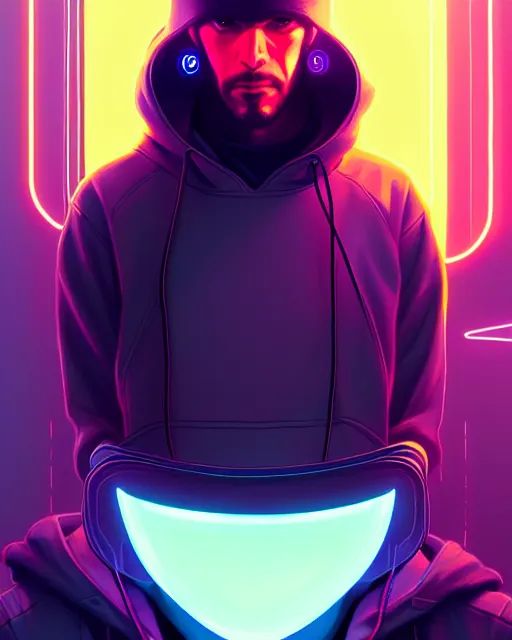 Image similar to cyberpunk synth, photographic, hyper - realistic detailed portrait of a man in a hoodie, with neon visor, dynamic pose, by atey ghailan, by greg rutkowski, by greg tocchini, by james gilleard, by joe fenton, by kaethe butcher, sharp focus