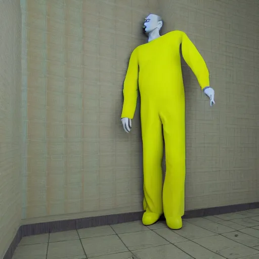 Image similar to 3 d render of jerma 9 8 5, jerma in a liminal space, non - euclidean space, endless halls of an office space, worn mono - yellow 7 0 s wallpaper, old moist carpet, inconsistently - placed fluorescent lighting, high octane, blender, 3 d render