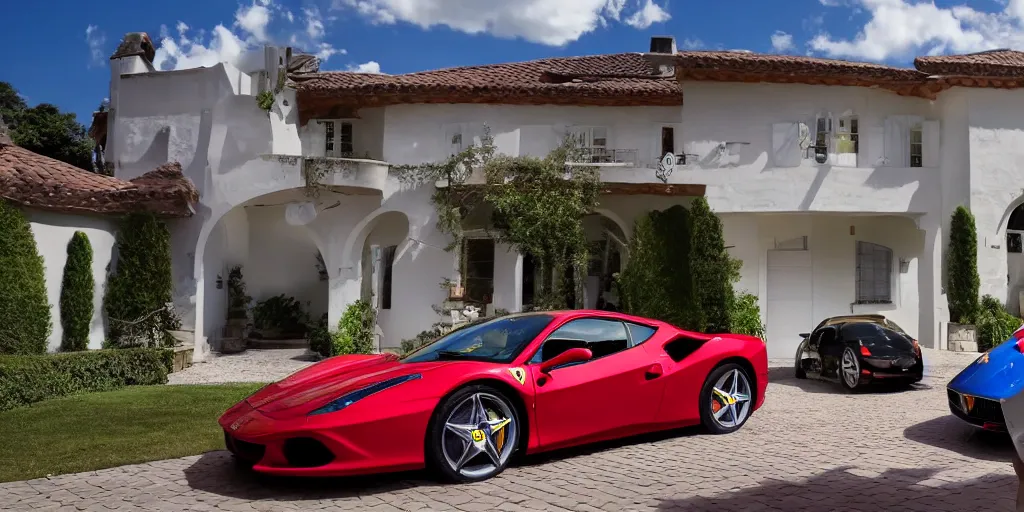 Image similar to a stunning photograph of a ferrari in front of a beautiful house with a girl next to the car singing, car lights on, 8 k, natural lighting