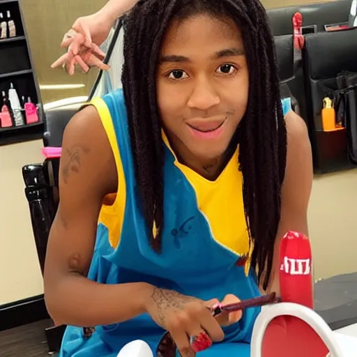 Image similar to nba young boy, wearing a skirt, in a nail salon, holding a sword