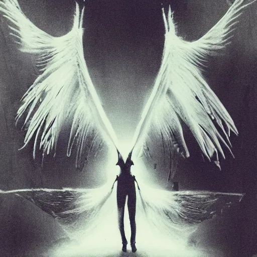 Image similar to a dark artistic photo of an alien creature with crazy wings, a polaroid photo