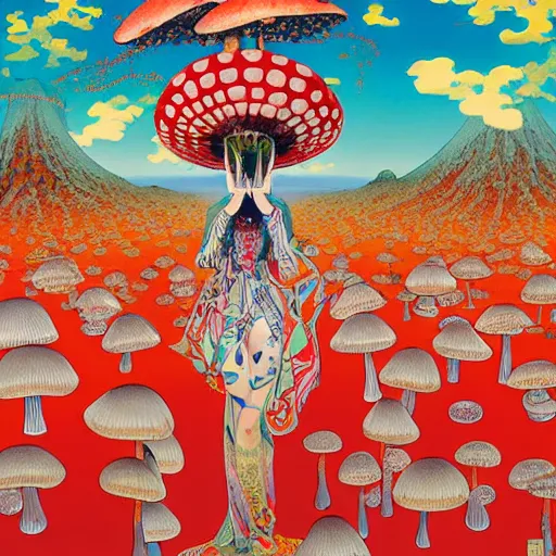 Image similar to a japanese psychedelic love goddess, a sense of awe, offering mushrooms, illustration, slime, amanita - muscaria, elegant, hyper realistic, super detailed, by tadanori yokoo