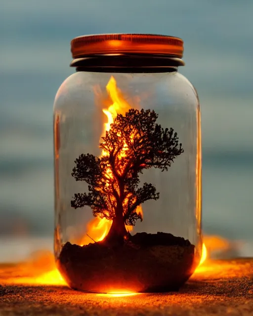 Prompt: glass jar with a burning! tree inside, standing on a cliff, bokeh, ocean in the background, metal lid, dramatic lighting, ember, small flames, hyperrealistic, volumentric lighting, highly detailed