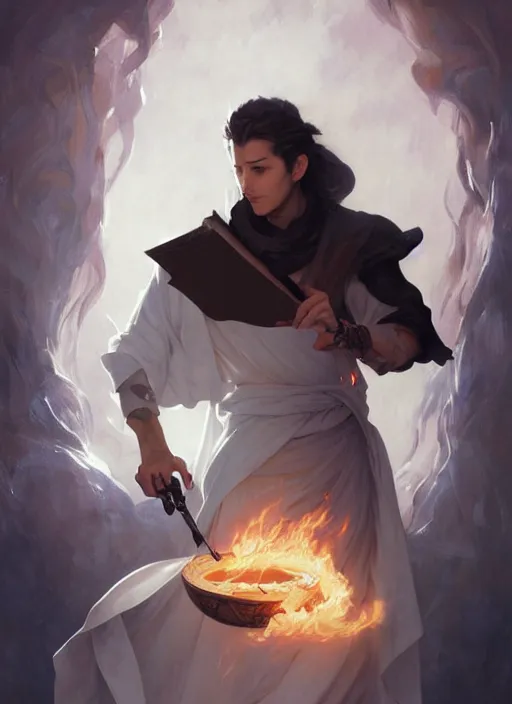 Image similar to character concept portrait of an attractive young Spanish wizard with white skin conjuring a fire spell, a floating iridescent spell book in the center, intricate, elegant, digital painting, concept art, smooth, sharp focus, illustration, from Metal Gear, by Ruan Jia and Mandy Jurgens and William-Adolphe Bouguereau, Artgerm