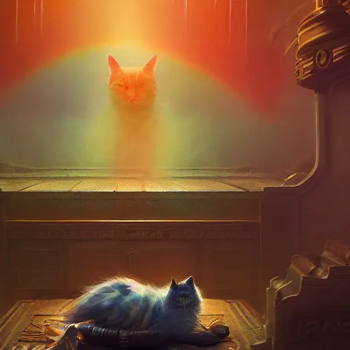 Prompt: The Rainbow cat enthroned in hell , hyperrealism, no blur, 4k resolution, ultra detailed, style of Dragan Bibin, Denis Villeneuve, Tyler Edlin, Greg Rutkowski, DeviantArt