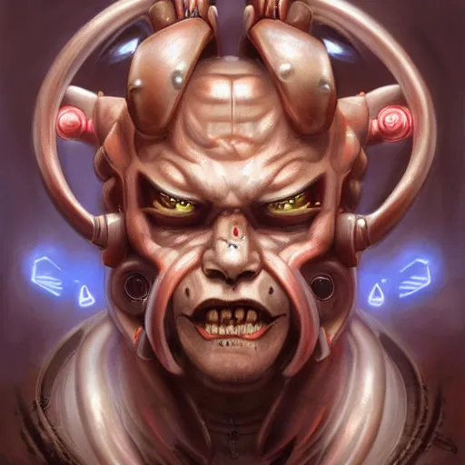 Image similar to portrait, cyberpunk japanese oni demon with horns and circuitry, augmented, stern expression, long hair, highly detailed, digital painting, artstation, concept art, smooth, sharp focus, illustration, artgerm, tomasz alen kopera, peter mohrbacher, donato giancola, joseph christian leyendecker, wlop, frank frazetta