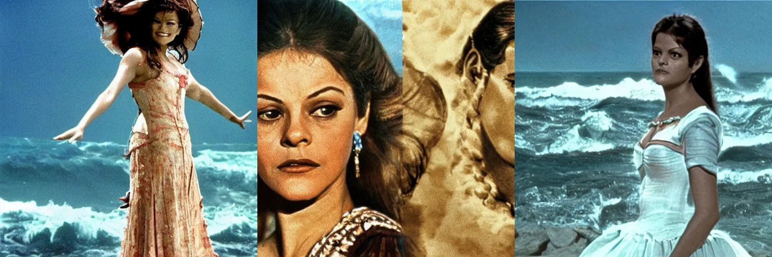 Prompt: classic italian movie by luchino visconti displaying andromeda played by claudia cardinale and the sea monster. claudia cardinale is standing on a rock in front of a windy sea. the sea monster is enormous and turquoise and has a tremondous mouth. cinematic, breathtaking, technicolor, highly intricate