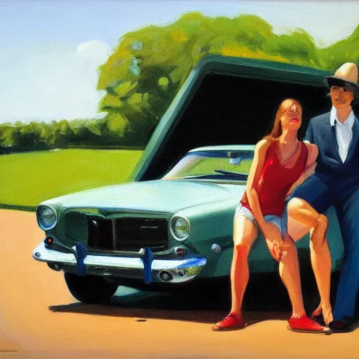 Image similar to Half body portrait with car, dated a woman that lived on Cooterneck Road, She had a catfish Camero and was cooler than me, by Edward Hopper, Bo Bartlett, and Cynthia Sheppard, Artstation