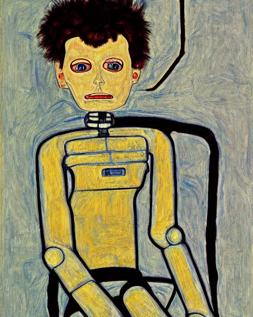 Prompt: portrait of a robot on the sofa, in the style of Egon Schiele