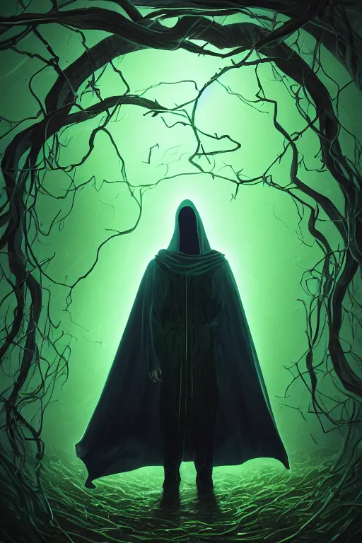 Image similar to A full body portrait of a mysterious character with no face, glowing eyes and a very long hooded dark green cloak of leaves, vines coming out the ground art by Shaddy Safadi and Jason Chan, ominous, cosmic horror, trending on artstation, Ultra detailed, hyper realistic 4k