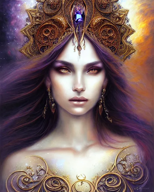 Prompt: portrait of a beautiful celestial goddess, unusual beauty, esoteric, muted colors, head in focus, fantasy art, ornamental aesthetics intricate, elegant, highly detailed, hyperrealistic painting, artstation, concept art, painterly, sharp focus, illustration, art by lois royo