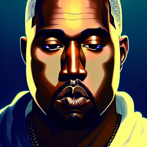 Image similar to beautiful anime kanye west portrait, anime, cyberpunk, ultra detailed, elegant, intricate, dynamic lighting, hyperrealist, digital art, digital painting, artstation, wlop, sharp focus, illustration, art by artgerm and greg rutkowski and alphonse mucha, 8 k