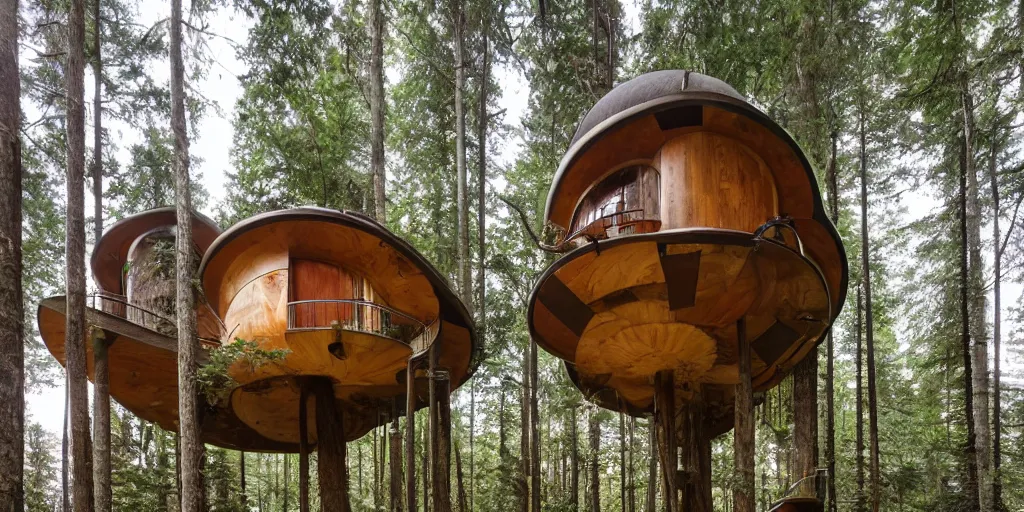 Prompt: large treehouse residence made from an enormous mushroom, pacific northwest, incorporating round doors
