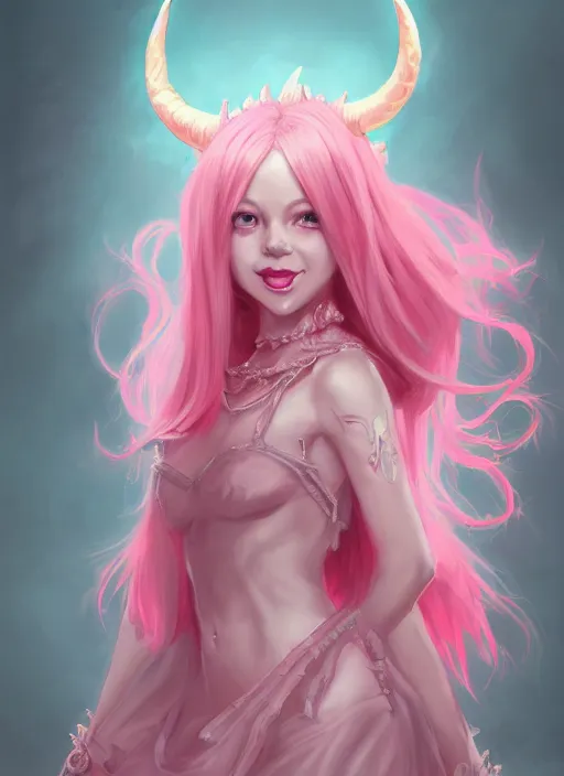 Image similar to a highly detailed illustration of cute pink haired pale demon girl with horns wearing big pink dress, dramatic smile pose, intricate, elegant, highly detailed, centered, digital painting, artstation, concept art, smooth, sharp focus, league of legends concept art, wlop.