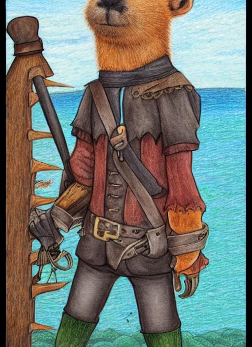 Image similar to detailed colored pencil drawing of a anthropomorphic capybara as a pirate