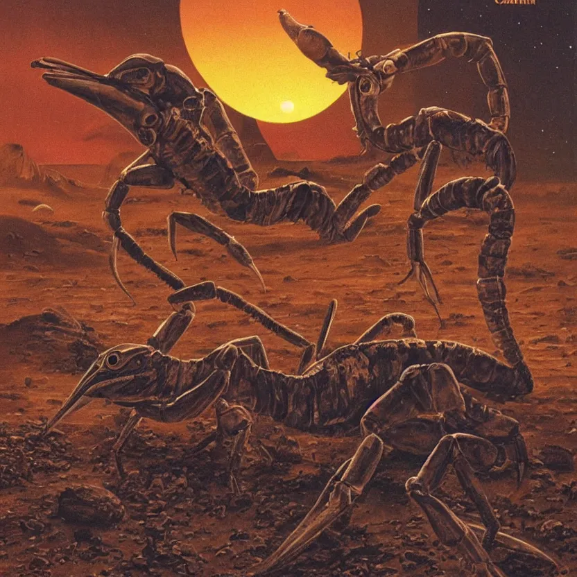 Image similar to alien scorpion, pelican, and camel in a desert at night. strange anatomy. pulp sci - fi art.