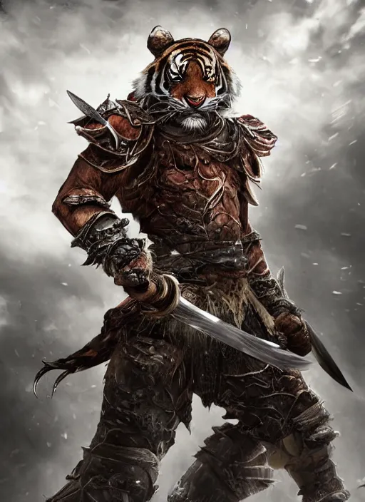 Prompt: very hostile very angry realistic detailed semirealism tiger man wearing samurai armor. Tiger_character, tiger_beast, 獣, FFXIV, iconic character splash art, angry character wielding a sword, sword, katana, blurred background tiltshift, muscular scary brute, MMOrpg, dramatic cinematic Detailed fur, detailed metal textures, 4K high resolution quality artstyle professional artists WLOP, Aztodio, Taejune Kim, Guweiz, Pixiv, Instagram, Artstation